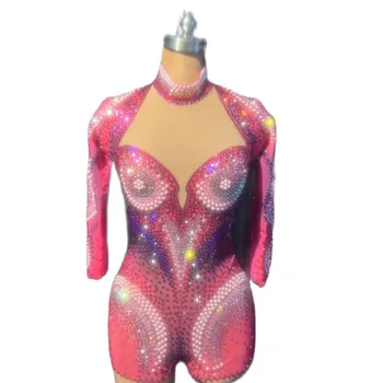 Pembe Shining Rhinestones Seksi Bodysuits Kadınlar İçin Gece Kulübü Balo Kutup Dans Giyer Şarkıcı Sahne Kostümleri Parti Showgirl Kıyafetler