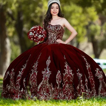 Meksikalı Kızlar Bordo Quinceanera Elbiseler Çıkarılabilir Kollu Dantel Aplike Tatlı 16 Pageant Törenlerinde Kadife Vestidos de XV años