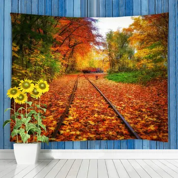 Peyzaj Goblen Duvar Asılı Demiryolu Arasında Turuncu Akçaağaç Ağaçları Sonbahar Doğal Manzara Oturma Odası yatak odası dekoru Goblen