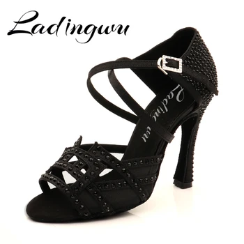 Ladingwu Dans Ayakkabıları Latin Kadın Taklidi Salsa Ayakkabı Dans Balo Salonu Parti Meslek Dans Ayakkabıları Kadın Topuklu 10 cm Saten Siyah