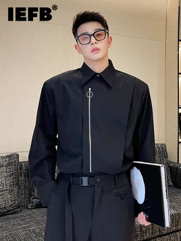 IEFB Tasarımcı Fermuar Uzun Kollu Erkek Gömlek Darkwear 2023 Yeni Sonbahar Kore Moda Turn-aşağı Yaka Erkek Üstleri Düz Renk 9A5201