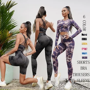 Kravat Boyama kadın Spor Yoga Seti egzersiz kıyafetleri Giyim Spor Salonu Giyim Spor Legging Sutyen Kırpma Uzun Kollu Spor Seti