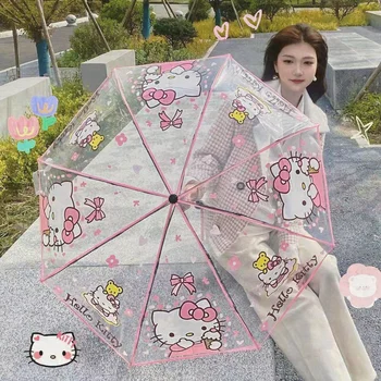 Sevimli Hello Kitty Pembe Beyaz Karikatür Katlanmış Çocuk Şeffaf Şemsiye Kawaii Sanrio Cinnamoroll Kuromi Öğrenci Şemsiye