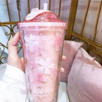 Sakura BPA Ücretsiz plastik kapaklı bardak ve Saman Su Şişesi İçme Kahve Kupa Suyu Süt saman bardak Gizli Saman Buz Kabı