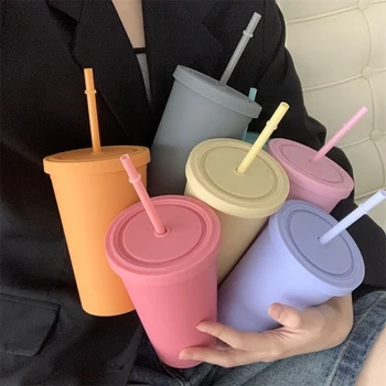 Şeker Renk Çift katmanlı Plastik saman kahve fincanı Plastik Buzlu Kullanışlı su bardağı Taşıması kolay saman su ısıtıcısı spor şişesi