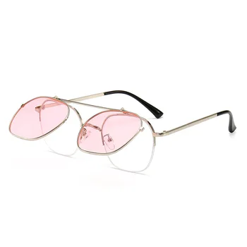 Vintage Steampunk Pembe Flip Güneş Gözlüğü Retro Yuvarlak Metal Çerçeve güneş gözlüğü Erkekler Kadınlar için Marka Tasarımcısı Daire Gözlük Oculos