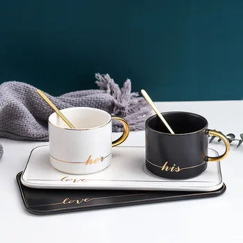 Iskandinav Ins Altın Folyo Kahve kaşıklı fincan Moda Basit Fincan Tabağı seramik fincan Öğleden Sonra Çay Restoran Aperatif süt kupası