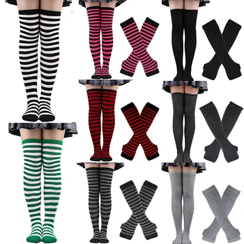 1 Takım Çizgili Uzun Çorap Eldiven Seti Gotik Koyu Uzun Çorap Cosplay Aksesuarları Çorap Harajuku kız Cadılar Bayramı Noel Çorap