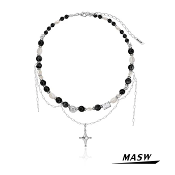 MASW Orijinal Tasarım Siyah Boncuk Kolye 2021 Yeni Trend Popüler Tarzı Gümüş Renk Moda Kadın Kolye Modern Takı