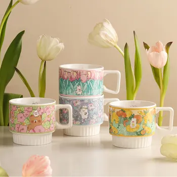 Yeni Yaratıcı Çiçek Hayvan Porselen Kahve Kupaları İstiflenebilir Mikrodalga ve Bulaşık Makinesinde Yıkanabilir Sevimli Seramik Kupa Çay İçin Güzel Bardak