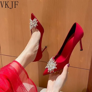 Kırmızı Topuklu Düğün Ayakkabı Gelin 2022 Yeni Kadın Lüks Sandalet Stiletto Sivri Tasarım Bayanlar Düğün Parti Moda Parlak Topuklu