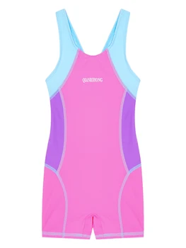 Çocuk Kız Renk Bloğu Tek parça Mayo Kesme Geri Spor Tulum Kolsuz Bodysuit Mayo yaz plaj yüzme